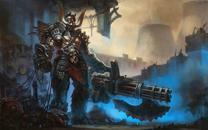 man holding gutling gun illustration, fantasy art, cyborg, fantasy weapon