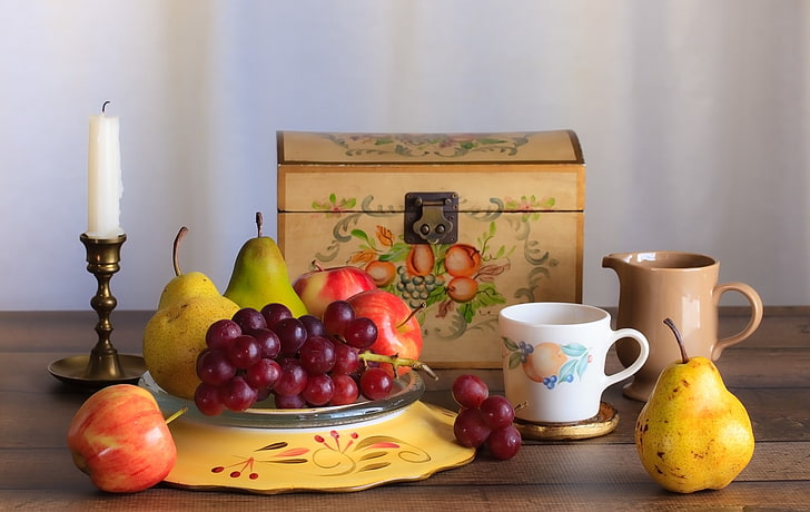 Apple, candle, grapes, Cup, pear, fruit, chest, still life, HD wallpaper