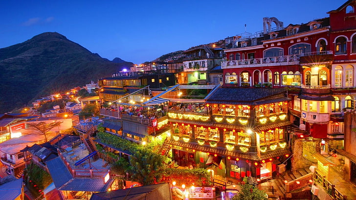 jiufen, taipei, china, city, night, light, illuminated, architecture, HD wallpaper