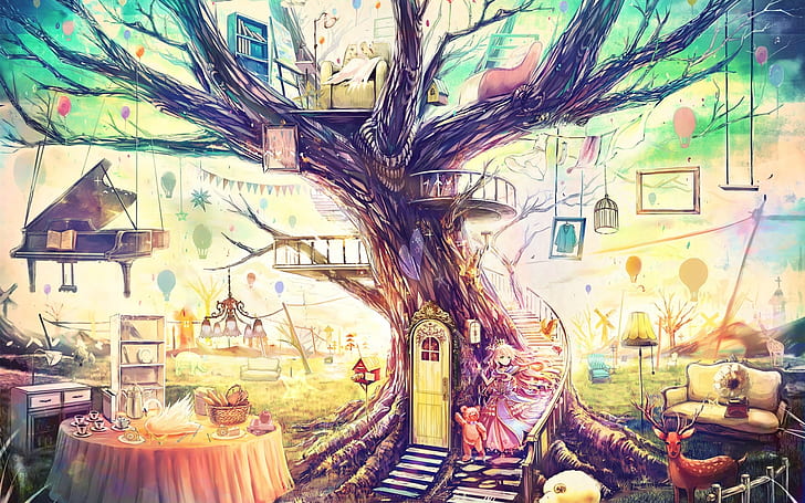 HD wallpaper: Beautiful art painting, magical world, fantasy house, tree,  toys, sofa | Wallpaper Flare