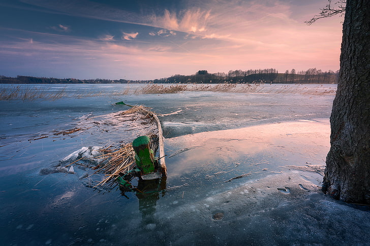 ice, frozen lake, winter, nature, water, sky, sunset, scenics - nature, HD wallpaper