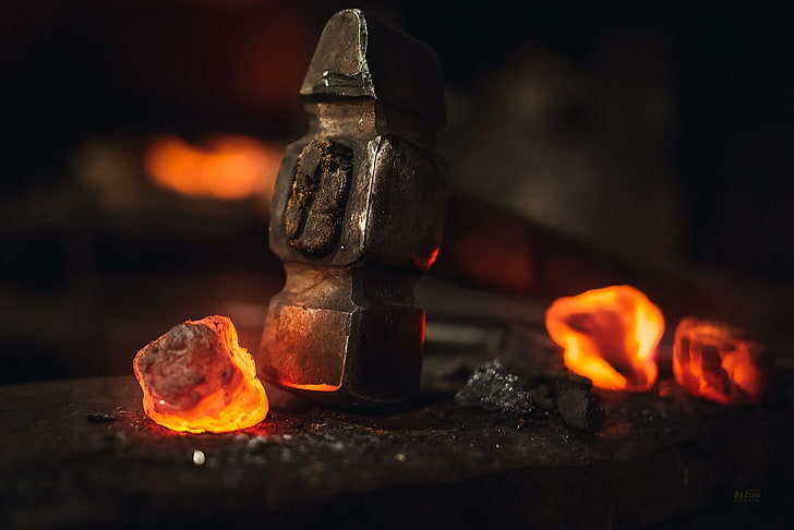 gray steel hammer, tools, work, blacksmith, Mallet, embers, heat - temperature