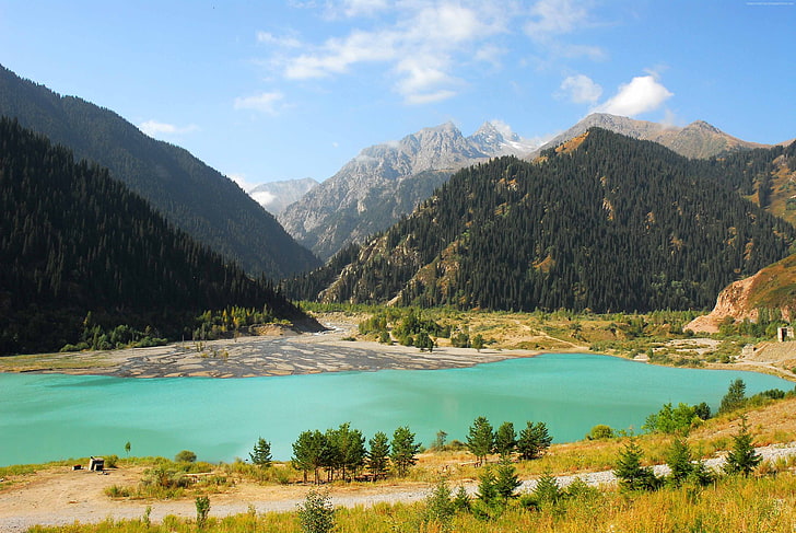 4k, Lake Issyk-Kul, forest, mountains, Kyrgyzstan, HD wallpaper