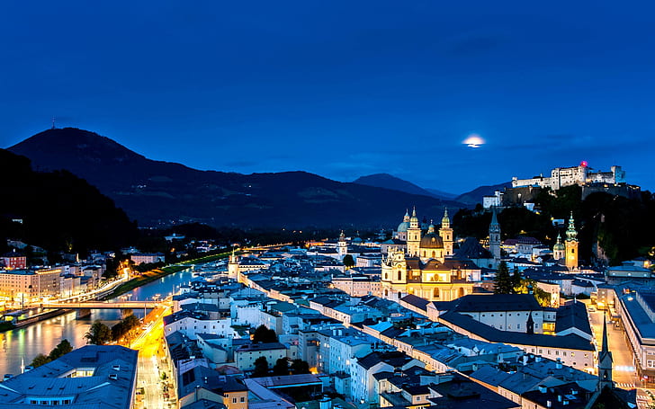 Austria, Salzburg, city night, street, houses, lights, mountains, HD wallpaper