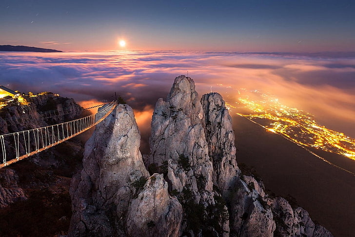 gray mountain with bridge at sunset, moonlight, mountains, Crimea