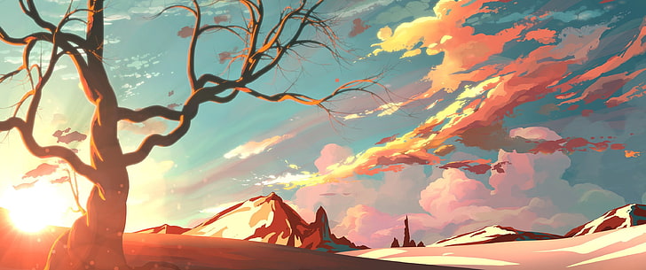 tree near mountain painting, artwork, nature, sky, winter, landscape
