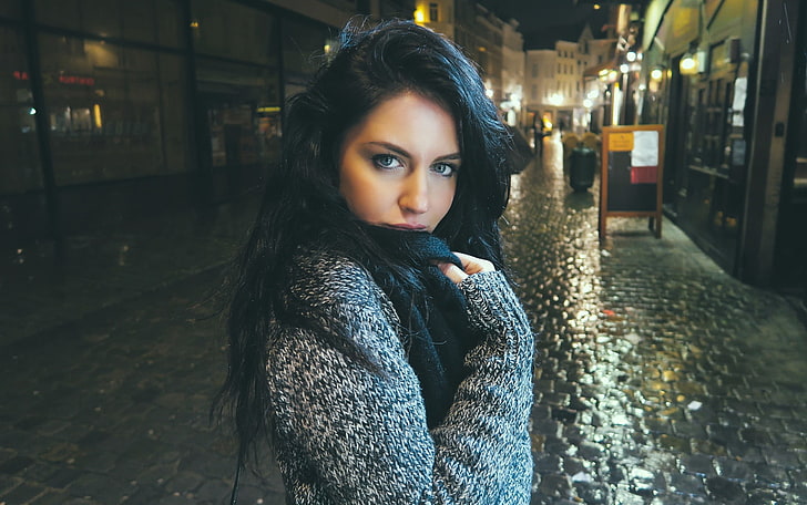 women's gray sweater, model, black hair, brunette, blue eyes