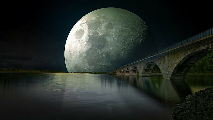 supermoon, bridge, river, reflection, nature, night, moonlight