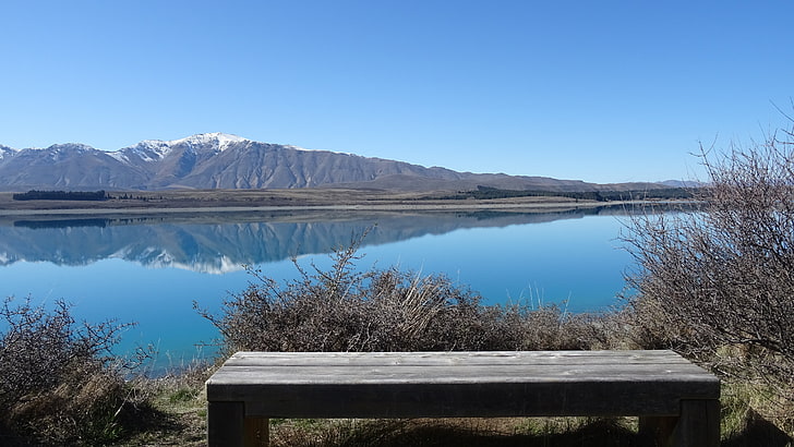 landscape, snowy peak, bench, New Zealand, Lake Tekapo, mountain, HD wallpaper