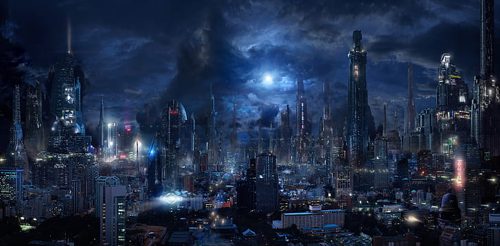 futuristic city, sci-fi, skyscrapers, night, dark city, flying vehicles, HD wallpaper