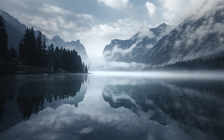 calm body of water, nature, landscape, morning, mist, lake, mountains, HD wallpaper