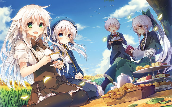 four girls eating food under the tree, anime, artwork, anime girls