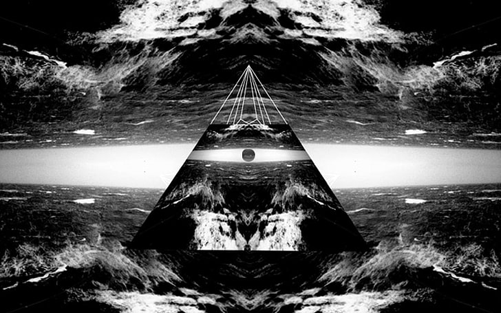 sea waves illustration, eyes, pyramid, abstract, water, nature
