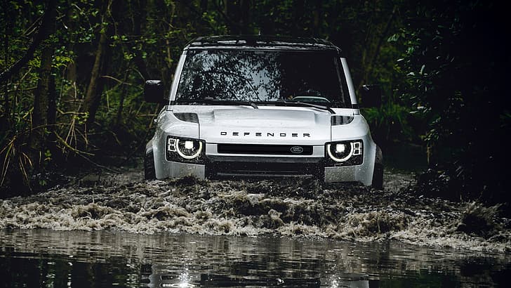 Land Rover, defender, car, vehicle, off-road, forest, river, HD wallpaper