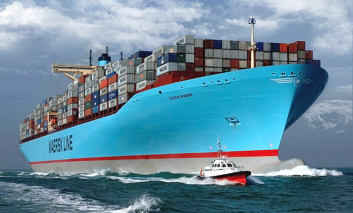 blue cargo ship, Water, Sea, Board, Case, The ship, A container ship, HD wallpaper