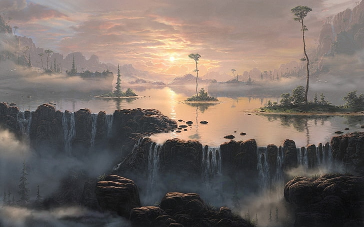 waterfalls illustration, landscape, fantasy art, lake, nature, HD wallpaper
