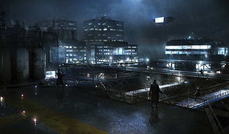man standing on rooftop wallpaper, night, cyberpunk, rain, futuristic, HD wallpaper