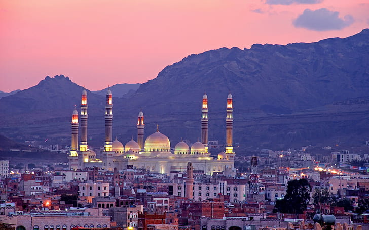 Yemen, Al Saleh Mosque, Sanaa, Al-Saleh Mosque, panorama, mountains, HD wallpaper