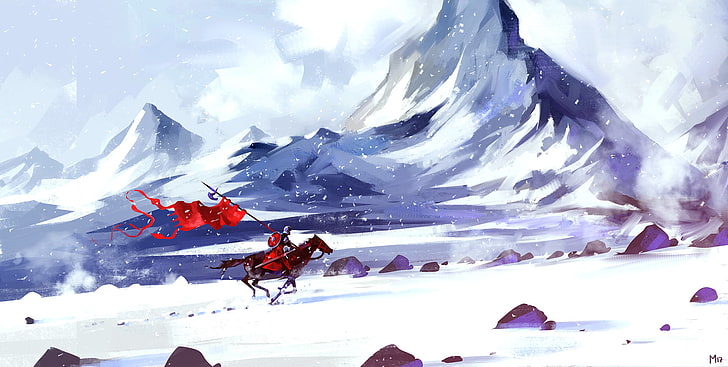 man riding horse holding red flag illustration, digital art, Dominik Mayer, HD wallpaper