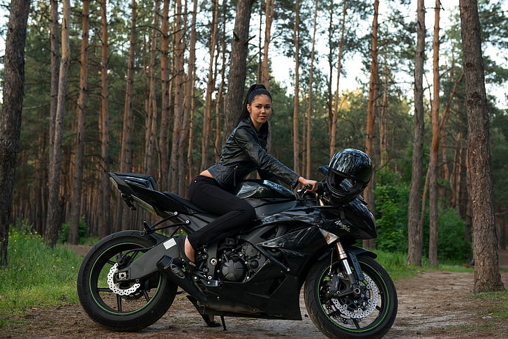 black sports bike, model, Girl, motorcycle, Macy B, outdoors, HD wallpaper