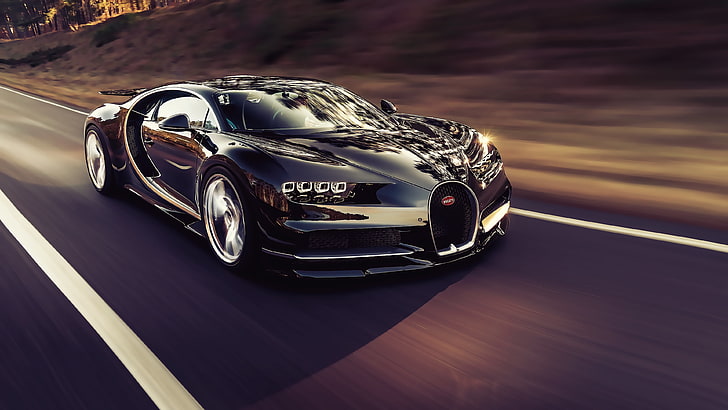 black Bugatti Chiron, vehicle, car, sports car, Super Car, road, HD wallpaper