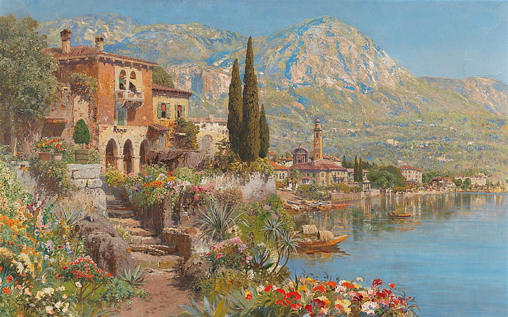 Alois Arnegger, Austrian painter, oil on canvas, View of Riva on Lake Garda