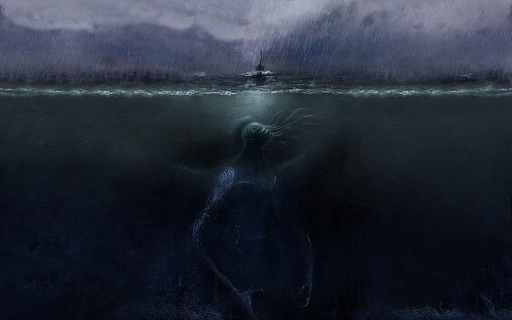 underwater photography of sea monster painting, rain, ship, sea monsters