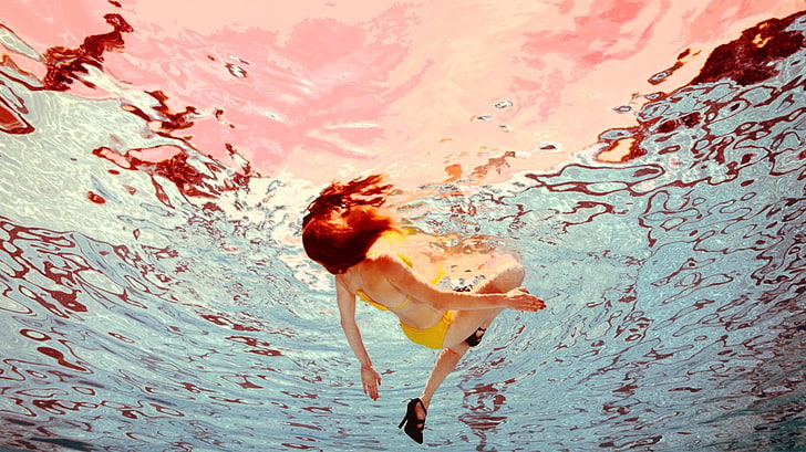 woman in yellow dress swimming, women, water, underwater, high heels, HD wallpaper