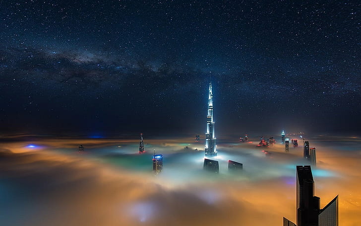 Cityscape, Milky Way, Mist, Skyscraper, Dubai, Starry Night, Sky, Night, HD wallpaper