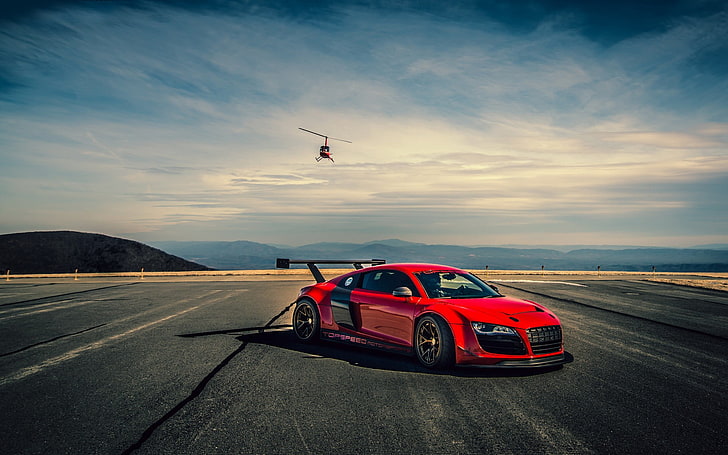 red coupe, Audi R8, helicopters, car, transportation, mode of transportation