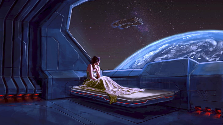 woman on bed looking on blue planet digital wallpaper, artwork