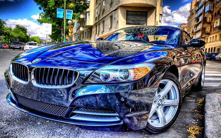 black BMW car, tonemapping, HDR, blue cars, mode of transportation