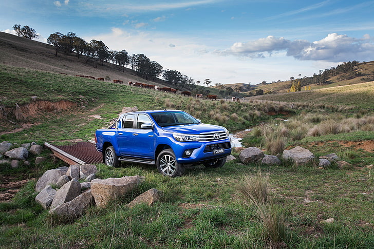 blue Toyota crew cab pickup truck, jeep, Hilux, 4x4, Double Cab