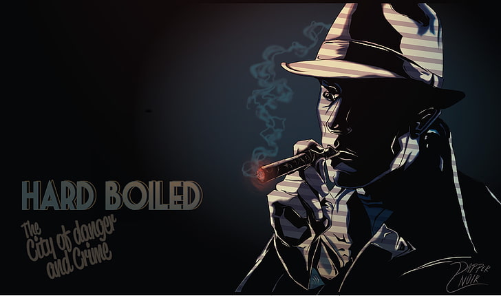 Hard Boiled illustration, noir, smoking, dark, text, black background, HD wallpaper