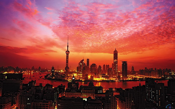 aerial photography of city during golden hour, town, urban, Shanghai