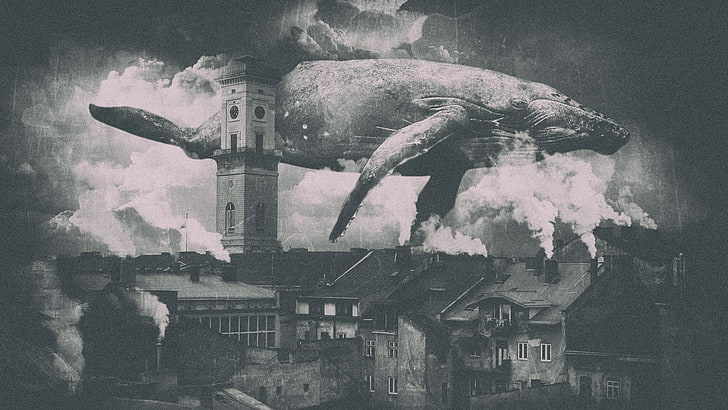 whale and houses greyscale illustration, city, smoke, steampunk