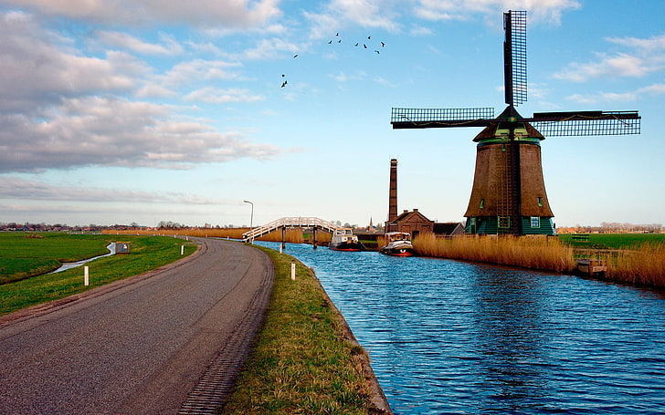 brown and black windmill, river, road, landscape, netherlands, HD wallpaper