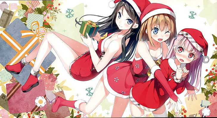 three female anime characters wearing Santa Claus costume illustration