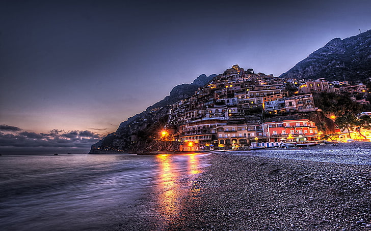 photography, city, Positano, Italy, illuminated, night, sea, HD wallpaper