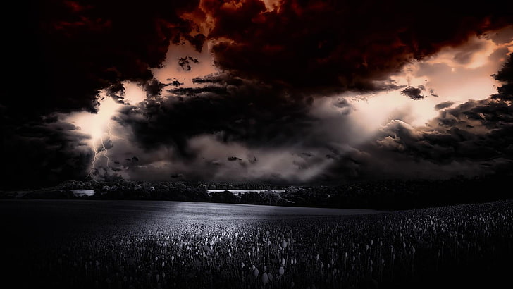 sky, cloudy, field, night sky, atmosphere, darkness, thunderstorm, HD wallpaper