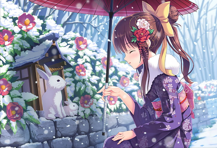 Anime Girls, Japanese Umbrella, Rabbits, Snow, Flowers, Kimono