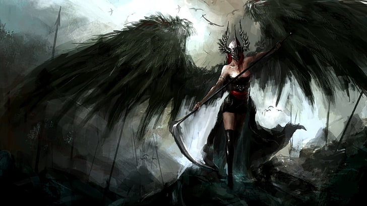 black angel with scythe illustration, wings, dark, spear, helmet