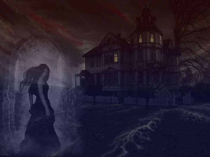 standing woman near haunted mansion wallpaper, Dark, House, one person