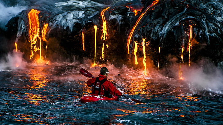 man boating on body of water near lava wallpaper, man wearing red jacket riding on red kayak