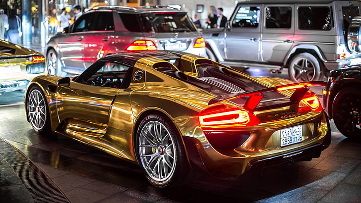 golden, gold car, golden car, porsche 918 spyder, supercar