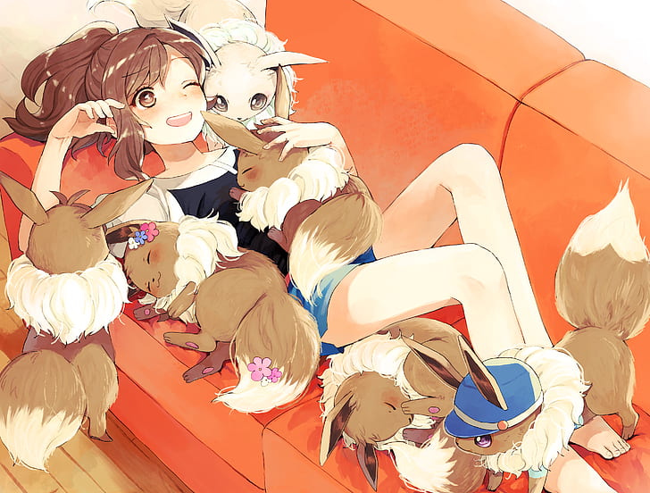 anime, anime girls, couch, in sofa, legs, brunette, Pokémon, HD wallpaper