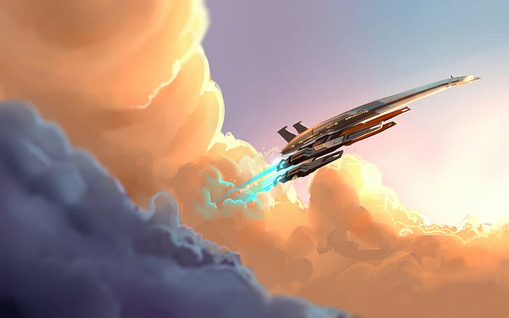digital art, Mass Effect, spaceship, clouds, Normandy SR-2
