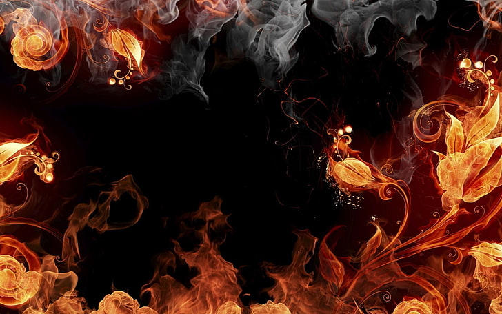 fire, flowers, digital art, burning, heat - temperature, flame, HD wallpaper