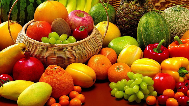 fruit, grapes, orange (fruit), baskets, pineapples, peppers