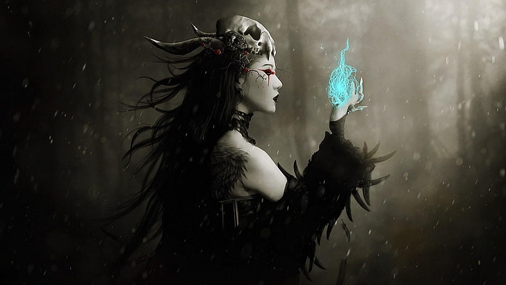 witch, demon, darkness, magical, black hair, artwork, witchcraft, HD wallpaper